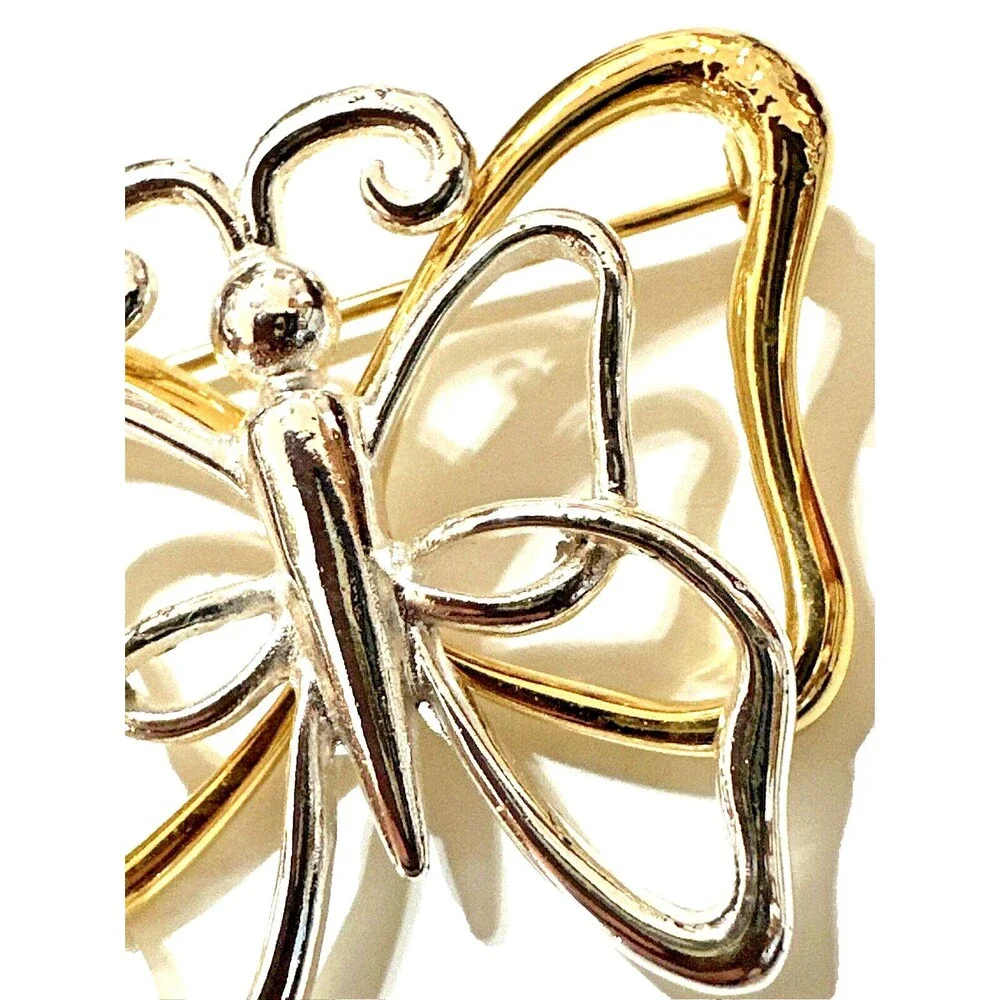 Vintage Two-Tone Butterfly Brooch Gold & Silver Tone Modernist Openwork Pin 1.5